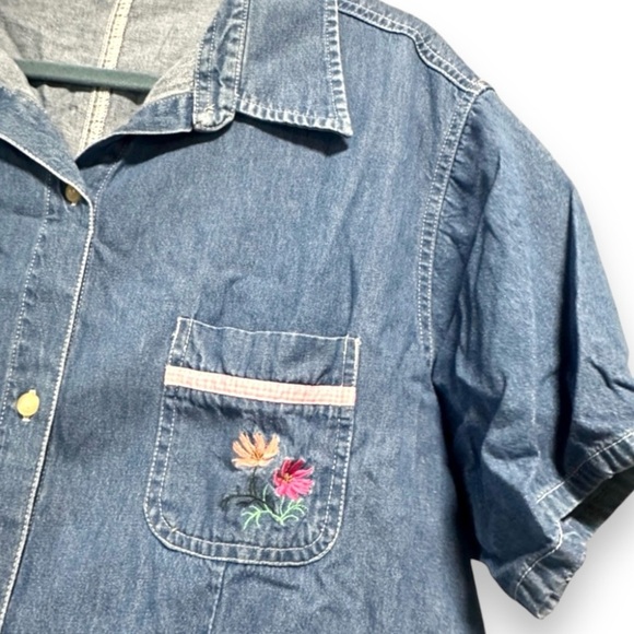 Vintage Bill Blass Flower Embroidered Chambray Short Sleeve Shirt Plus Size 2X - Picture 5 of 15